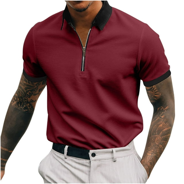 Dvkptbk Men Casual Solid Turndown Pullover Patchwork Zipper Short Sleeve Blouse on Clearance