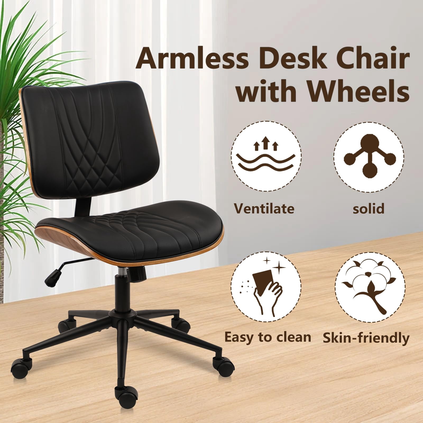 CLATINA Armless Home Office Chair, Desk Chair with Wheels, Adjustable Height Reading Chair, Leather Mid Back & Swivel Computer Chair, Modern Walnut Chairs with Back for Studio Meeting Room(Black)