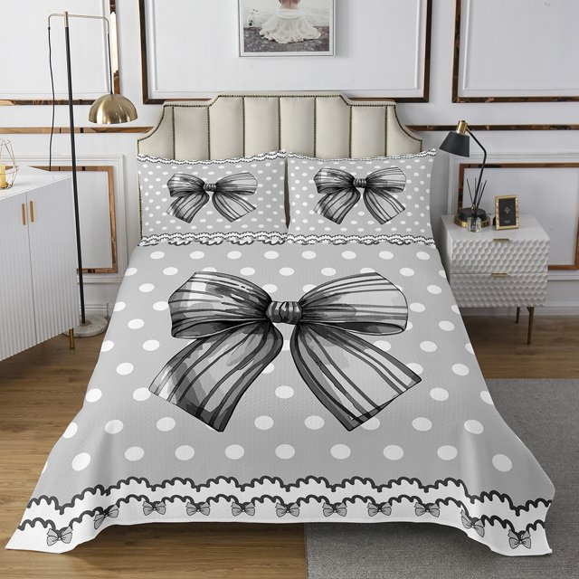 Erosebridal Grey Bow Coverlet Set King for Teens, Dreamy Princess Bedding Set, Geometry Decor