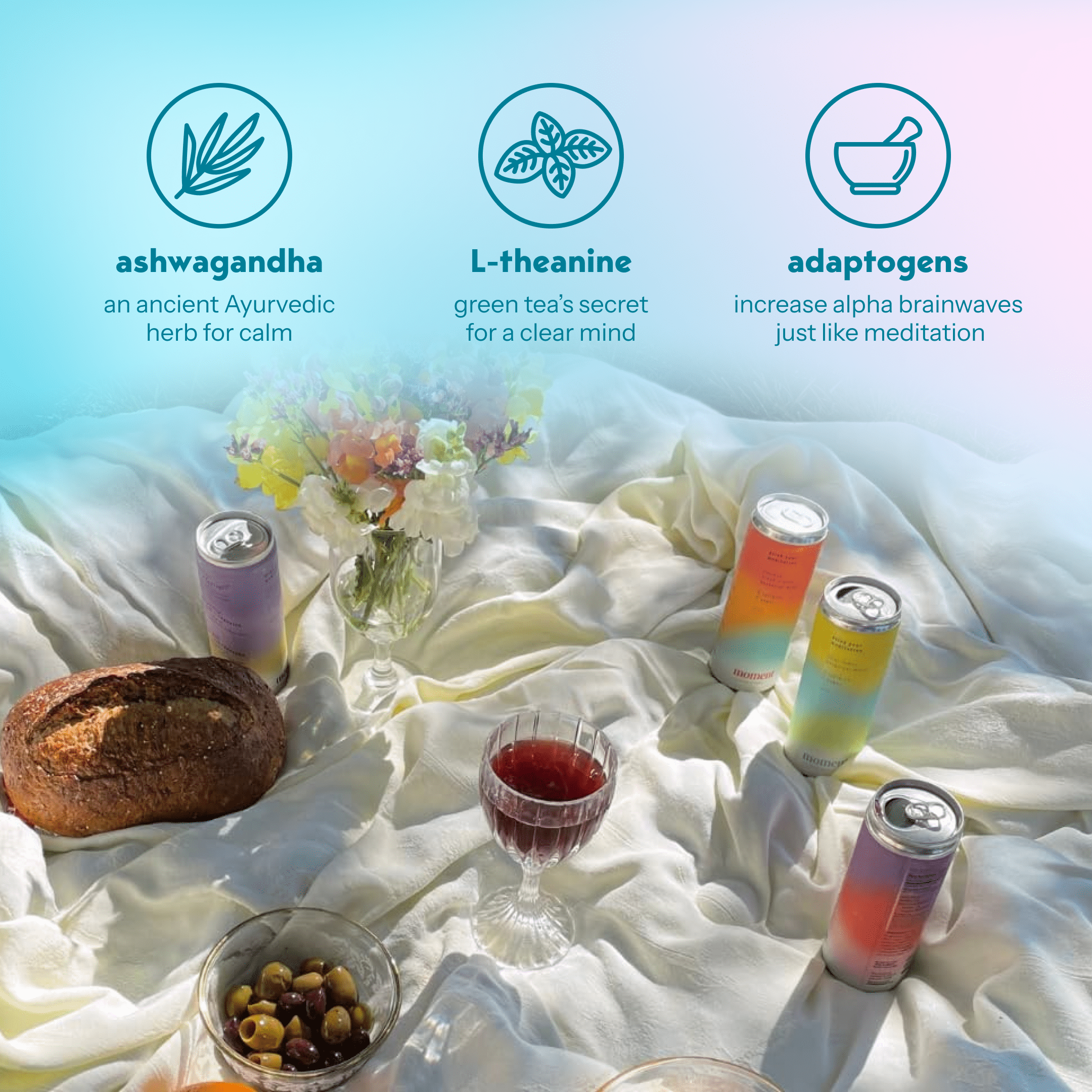 Moment Mocktails Non Alcoholic Drinks (Shark Tank) | SPARKLING Lychee Mojito Adaptogen Drink | L-Theanine & Ashwagandha for Calm & Clarity | 0 Added Sugar 0 Caffeine | 12-pack