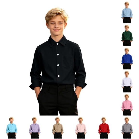 Boys' Long Sleeve Dress Shirt Casual & Formal Kids Button Down with Pocket Size 10-11 Years