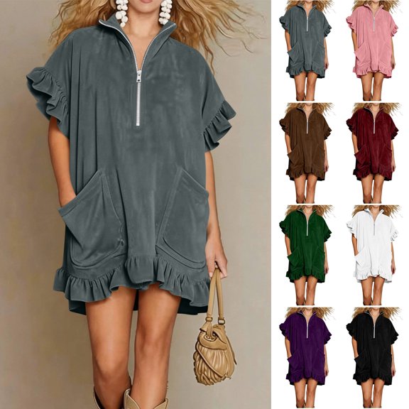 Smsaxvxz Summer Dresses for Women Fashion Solid V Neck Ruffle Short Sleeve Casual Loose Pocket T-Shirt Dress Gray XL