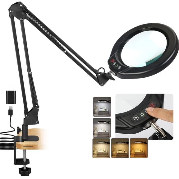 Magnifying Glass with Light and Clamp, 5 inch Real Glass, 5 Color Modes, Stepless Dimmable, Lighted Magnifier with Stand Hands Free, LED Swing Arm Desk Lamp for Close Work, Craft, Reading, Painting