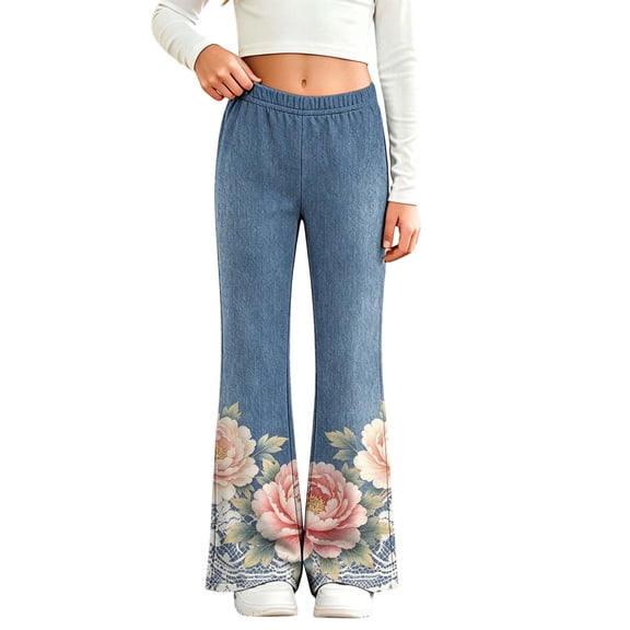 Qingpeng Girls Flare Pants Elastic Waist Casual Fashion Floral Lace Print Stretchy Denim Look Long Pants for Kids