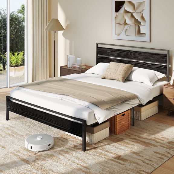 Sailvan Queen Bed Frame with Headboard, Metal Platform Bed Frame with 12.5'' Under-Bed Space, Heavy Duty Steel Slat Support, Easy Assembly, Noise Free, Black