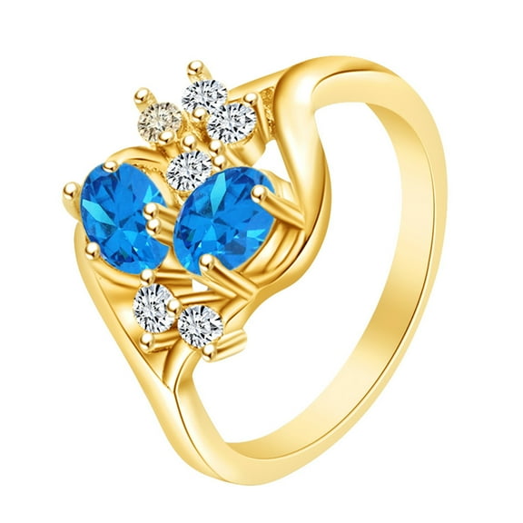 AFFY Oval & Round Shape Simulated Topaz & White CZ Promise Ring 14k Yellow Gold Over Sterling Silver