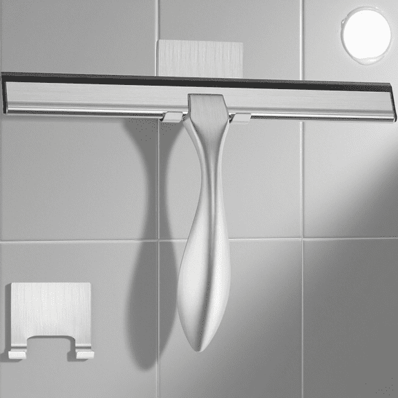 Streak-Free Shower Squeegee: Stainless Steel   Storage Hooks for Bathroom/Car