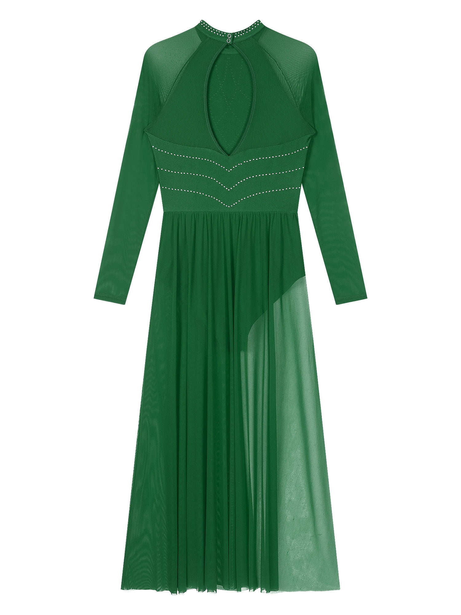 Haitryli Women Lyrical Contemporary Dance Costume Glitter Rhinestones Mesh Long Sleeve Ballroom Prom Green XL