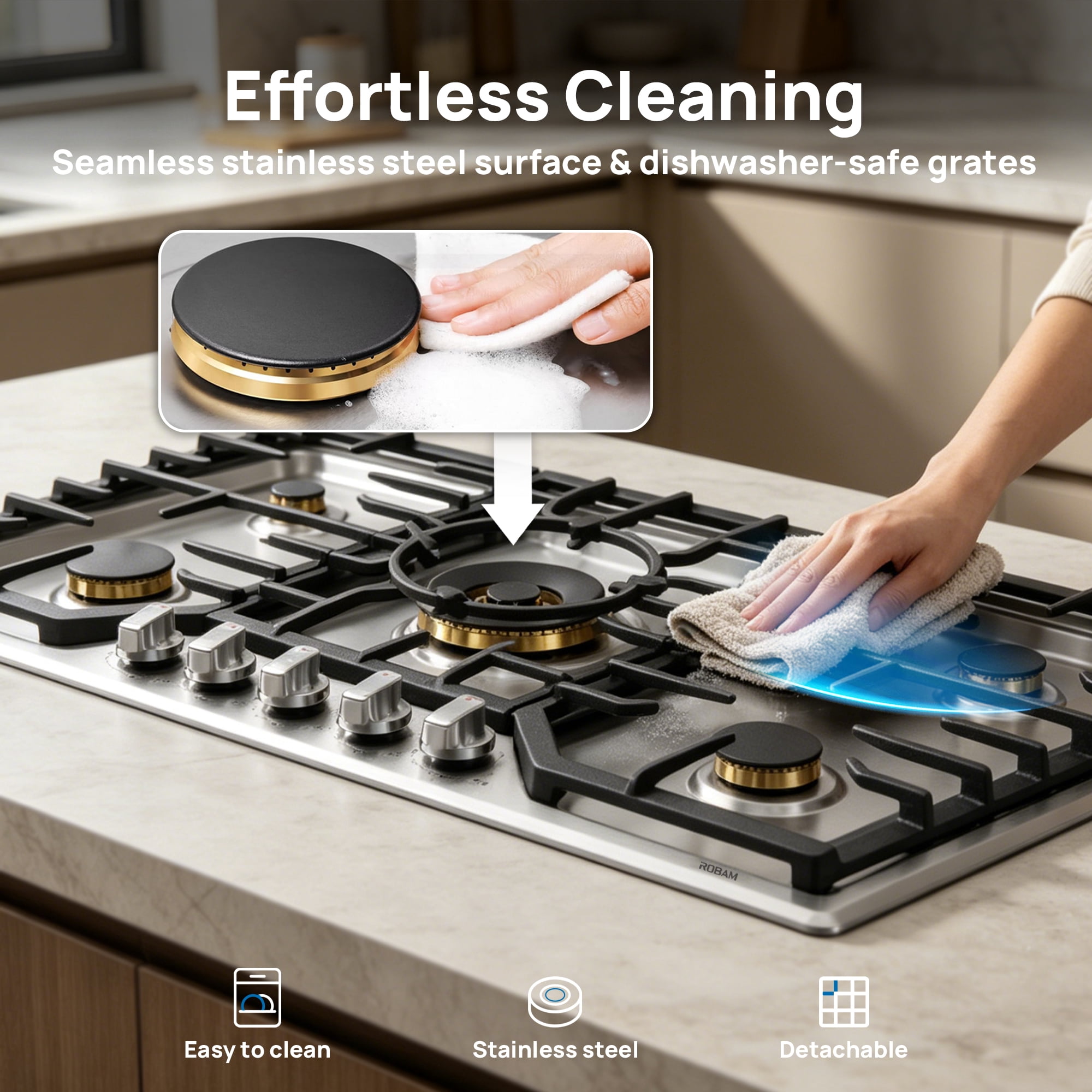 ROBAM 36" Gas Cooktop G515, 5 Made in Italy Brass Burners, 304 Stainless Steel Built-in Gas Stove, 20,000 BTU Tri-Ring Center Wok Burner, NG/LPG Convertible with Flame Failure Protection