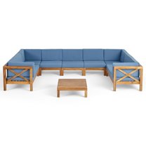 Timothy Outdoor 9 Seater Acacia Wood Sectional Sofa Set, Teak Finish, Blue