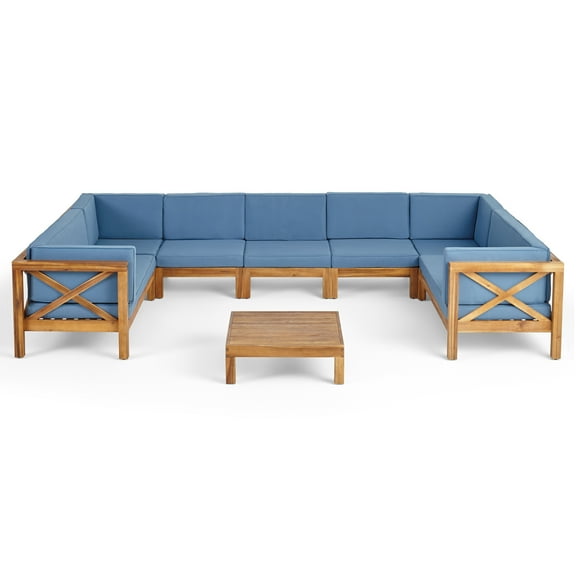 Timothy Outdoor 9 Seater Acacia Wood Sectional Sofa Set, Teak Finish, Blue