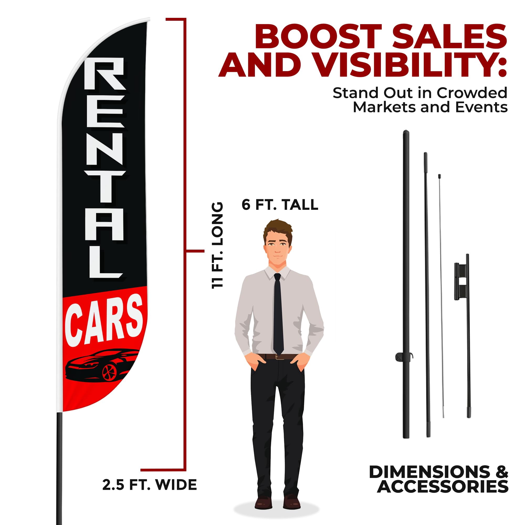 Rental Cars Sign feather flag Pole kit for Outdoor by Mavis Printing | 15 FEET Long Polyester Outdoor Banner Flag Pole Mount Easy Hang | HD Print Swooper Flags to Advertise Car Business