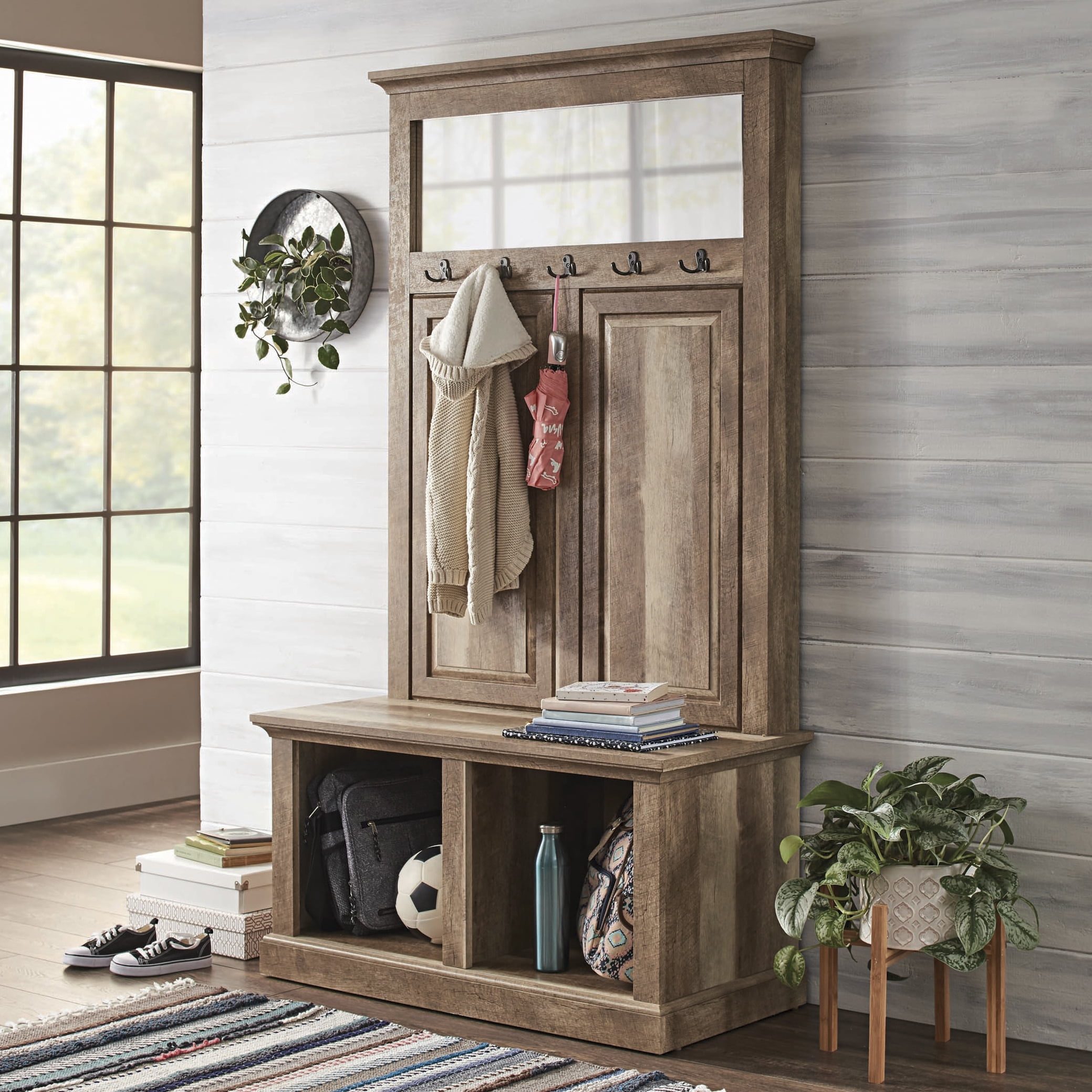 Better Homes & Gardens Crossmill Hall Tree Storage Bench, Weathered Finish