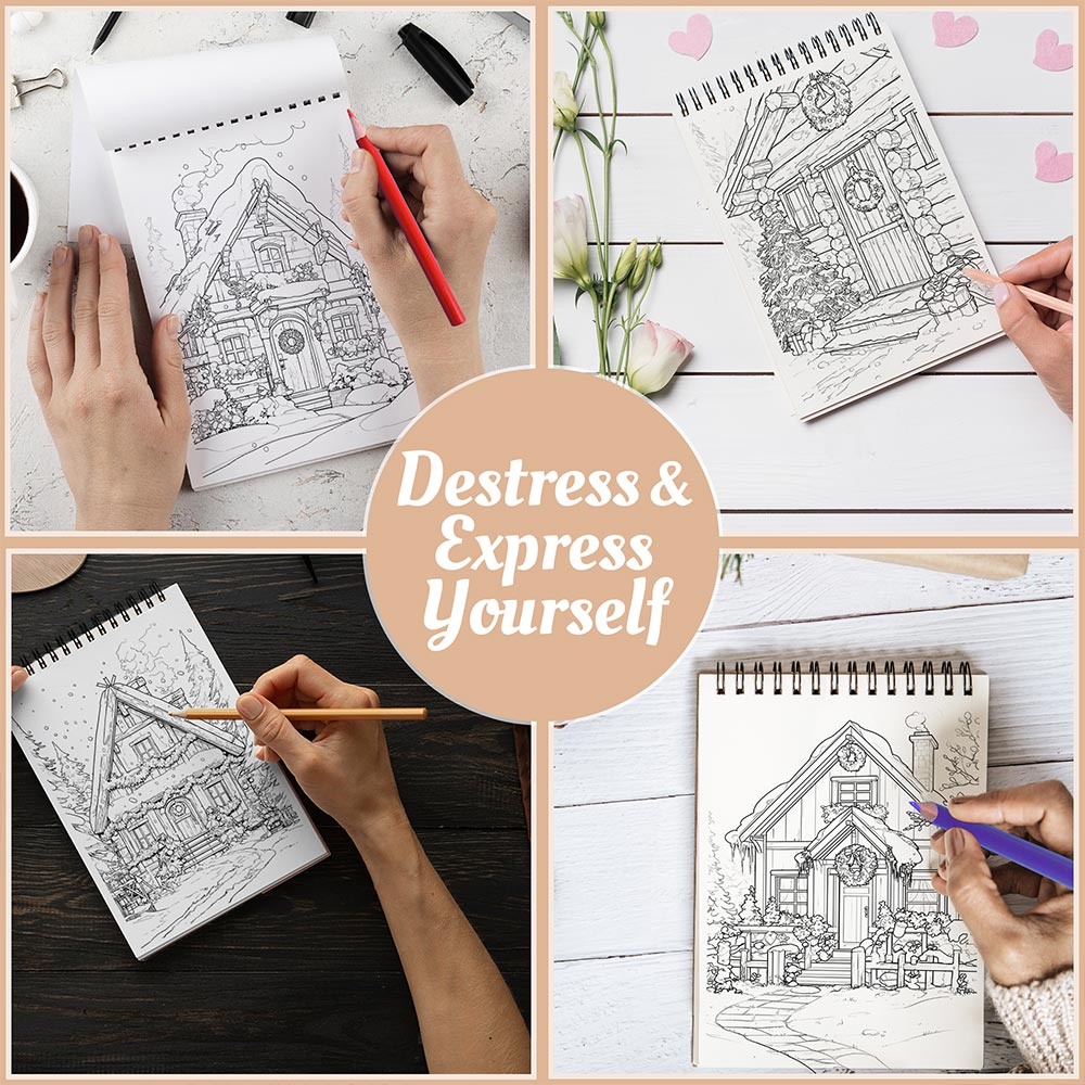 Netecom Country Christmas Coloring Book Spiral Bound for Adults, A5 Wooden Cover, 30 Charming Coloring Pages of Winter Day for Stress Relief and Relaxation