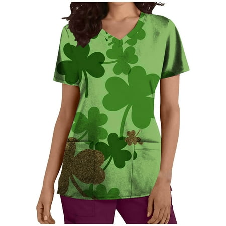 

SOOMLON Scrub Tops Women St. Patrick s Day Print Nurse Uniform V-Neck Short Sleeve Workwear Medical Scrub Shirts Cute Tops for Women School Tops Aesthetic Shirt Gray XXL