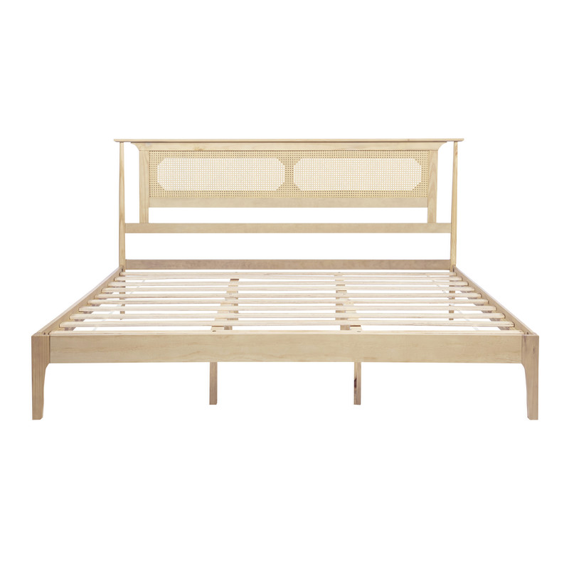 King Size Wooden Platform Bed with Rattan Headboard, Low-Profile Bed Frame with 8.6'' Under-Bed Storage