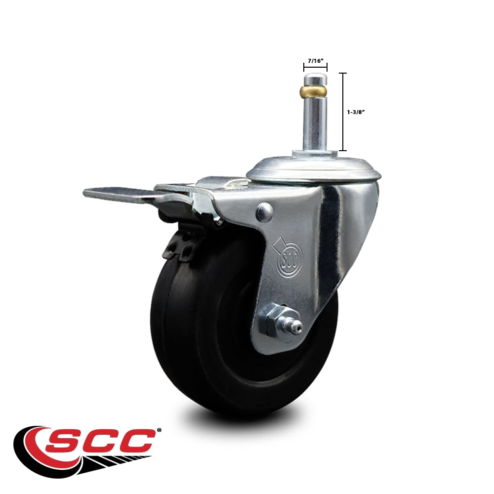 4 Inch Soft Rubber Wheel Swivel 7/16 Inch Stem Caster with Total Lock Brake SCC