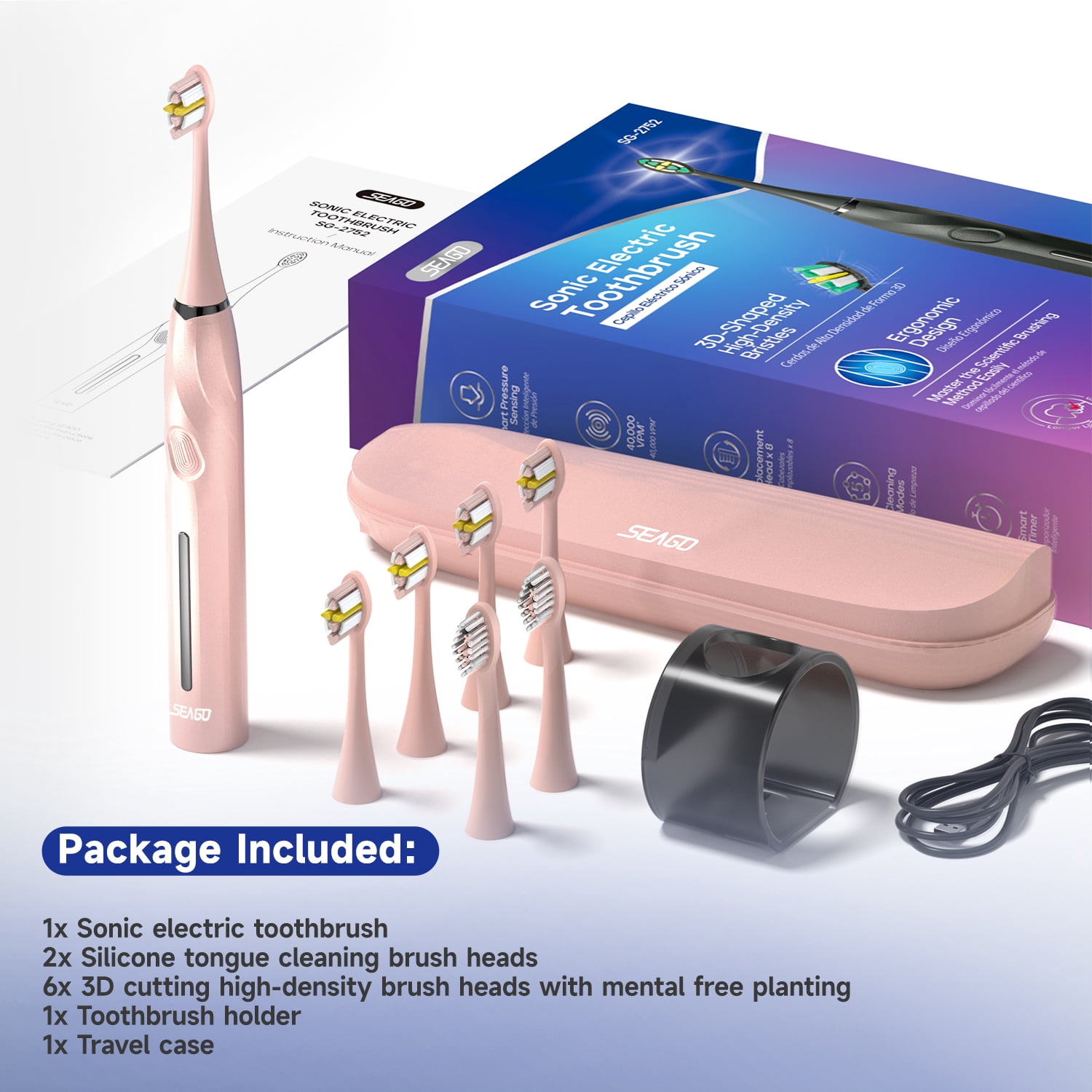 Seago Sonic Power Toothbrush, Rechargeable Electric Toothbrush with Pressure Sensor, 8 Soft Bristle Heads,5 Modes, Pink SG-2752