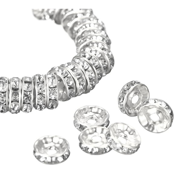 100-Pack Rondelle Spacer Beads 8mm Bright Silver Crystal Rondelle Spacer Beads Czech Crystal Rhinestone for Jewelry Making Loose Beads for Bracelets