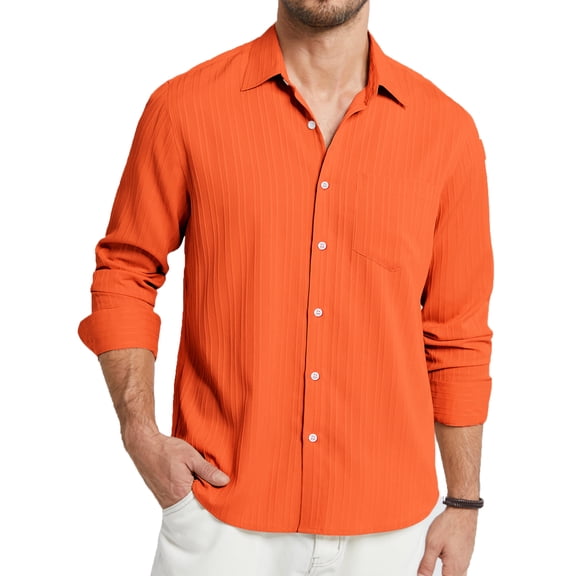Mens Casual Shirts Long Sleeve Button Down Shirts Wrinkle Free Orange Textured Shirt with Pocket L