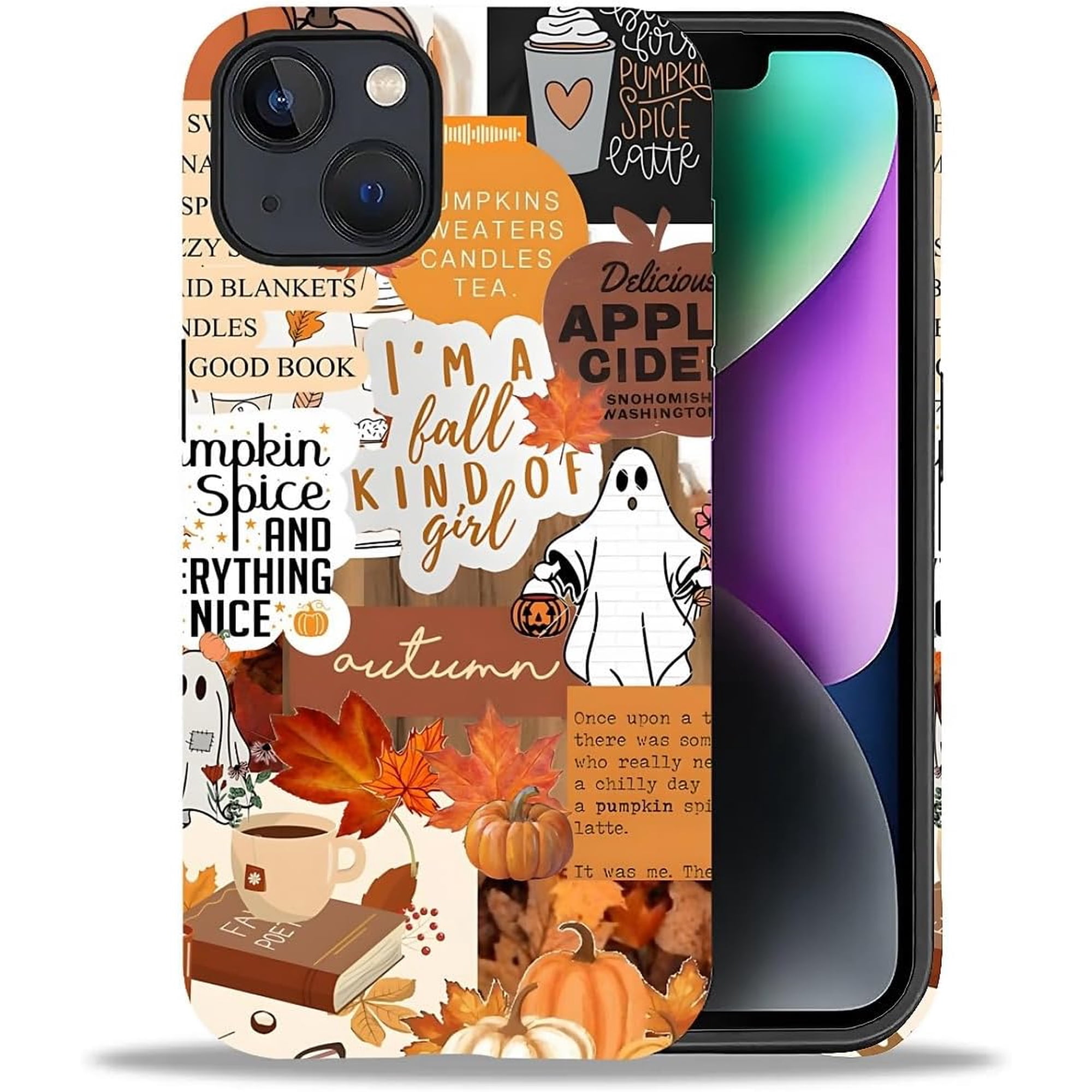 Case for iPhone 14 Plus Drop Protection Hybrid 2-Layer Hard Phone Cover-Autumn Pumpkin Halloween Ghost Collage