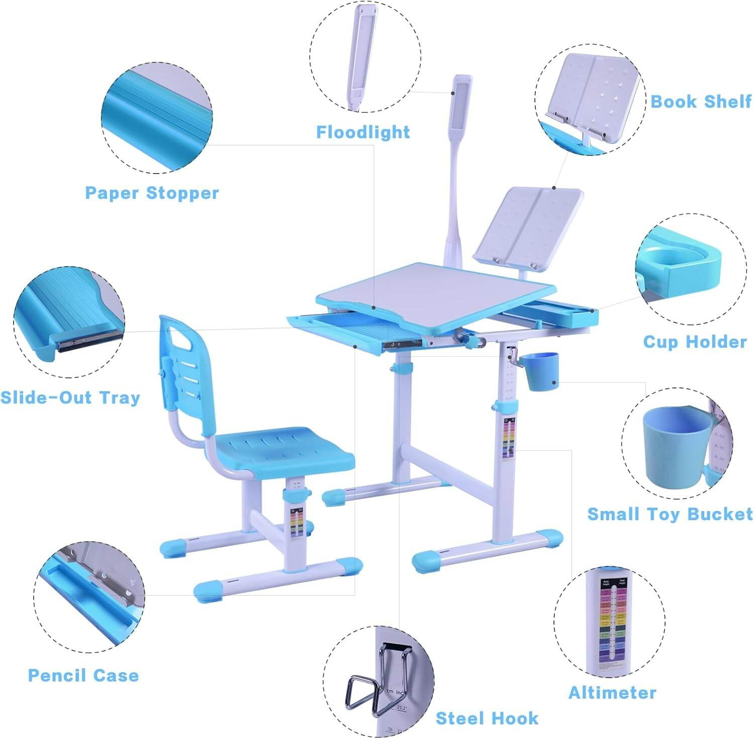 Kids Desk and Chair Set with Adjustable Height, Tiltable Desktop, LED Light & Storage - Blue Study Desk for Children Ages 3-15, Ergonomic Art & Homework Station