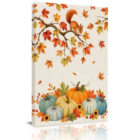 Canvas Wall Art, Orange Fall Framed Canvas Prints for Bathroom Hallway, Thanksgiving Pumpkins Maple Leaves Squirrel Small Gallery Wrapped Wall Decor for Home Office, Gifts, 8"x10" Ship Next Day