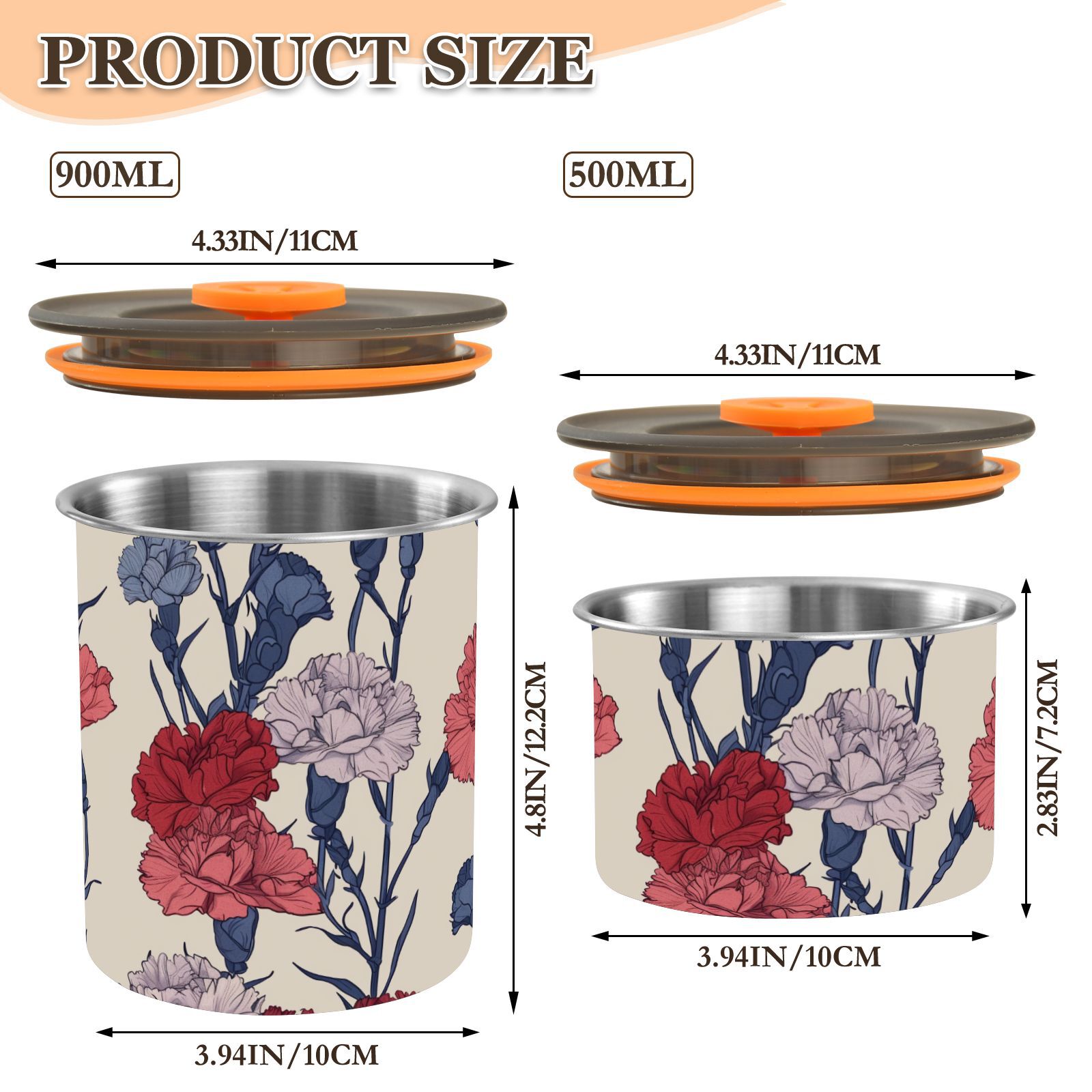 Carnation Flower Floral Airtight Coffee Bean Canister 30oz Food Storage Containers with Lids For Gournd, Tea, Sugar, Flour, Rice, Cereal, Candy Cookie Jar