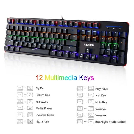 Super cost-effective LESHP USB Wired 104 Keys Illuminated Professional Game Gaming Office Mechanical Keyboard with LED Adjustable Backlight