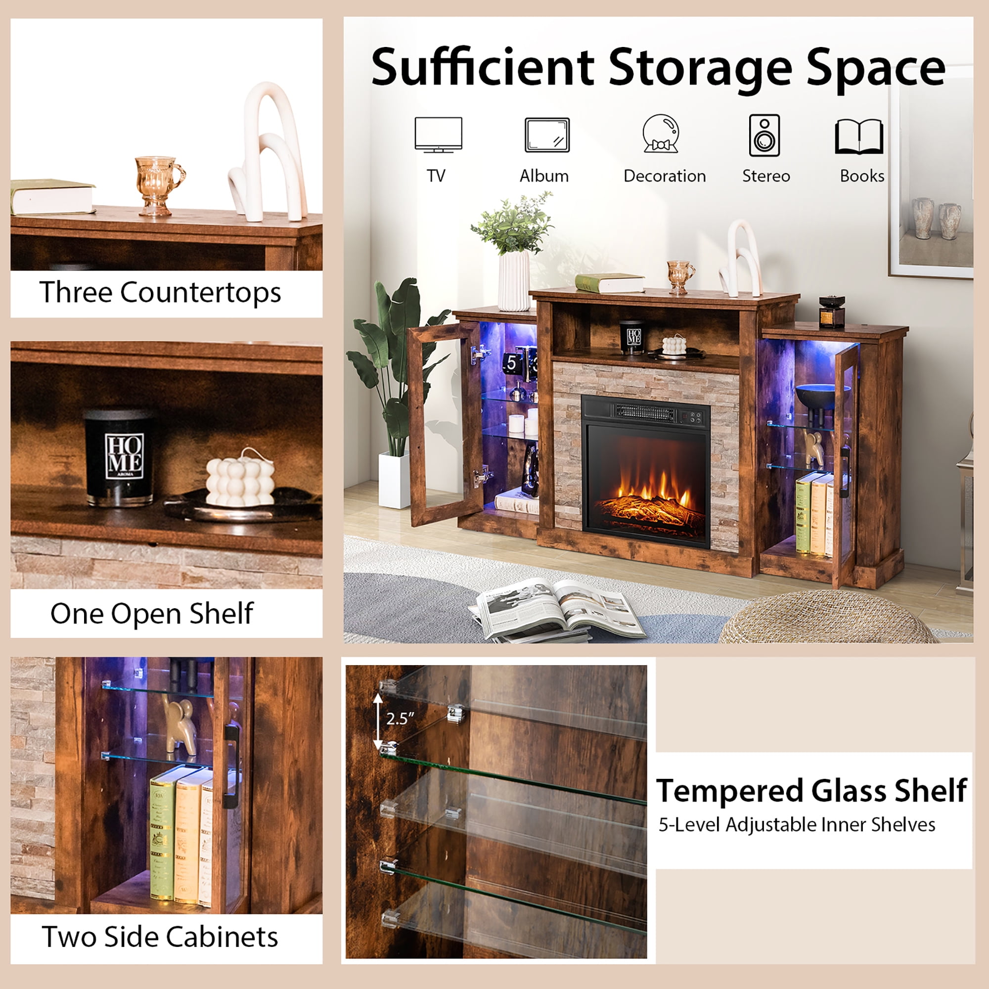 Costway Fireplace TV Stand w/ Led Lights & 18" Electric Fireplace for For 65" Wall-Mounted TV