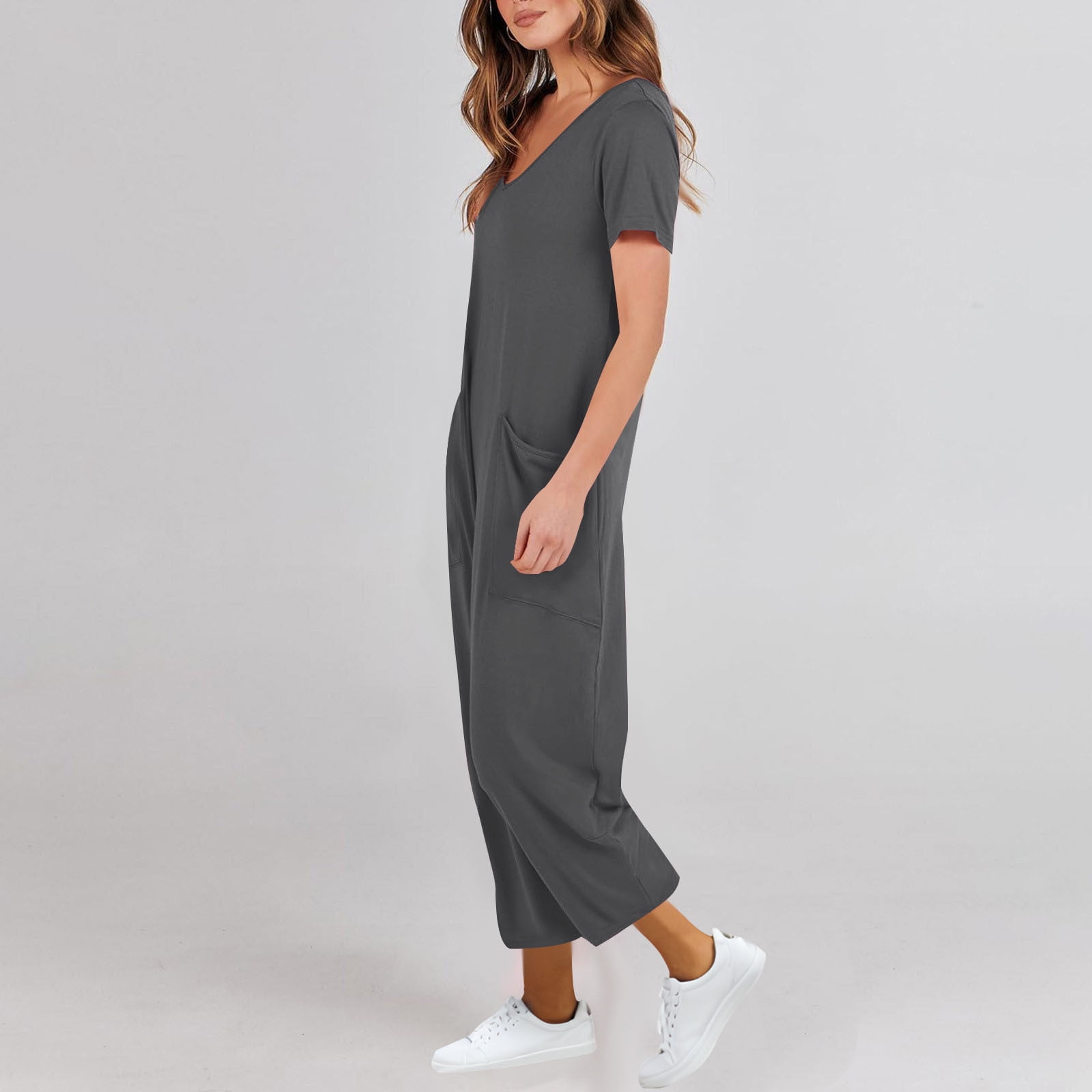 AGWOLF Adult Onesie Pajamas for Women Stretch V Neck Short Sleeve Jumpsuits Loose Fit Solid Ankle Length Pants Summer Rompers with Pockets Soft Sleepwear Homewear One Piece Gray XXL