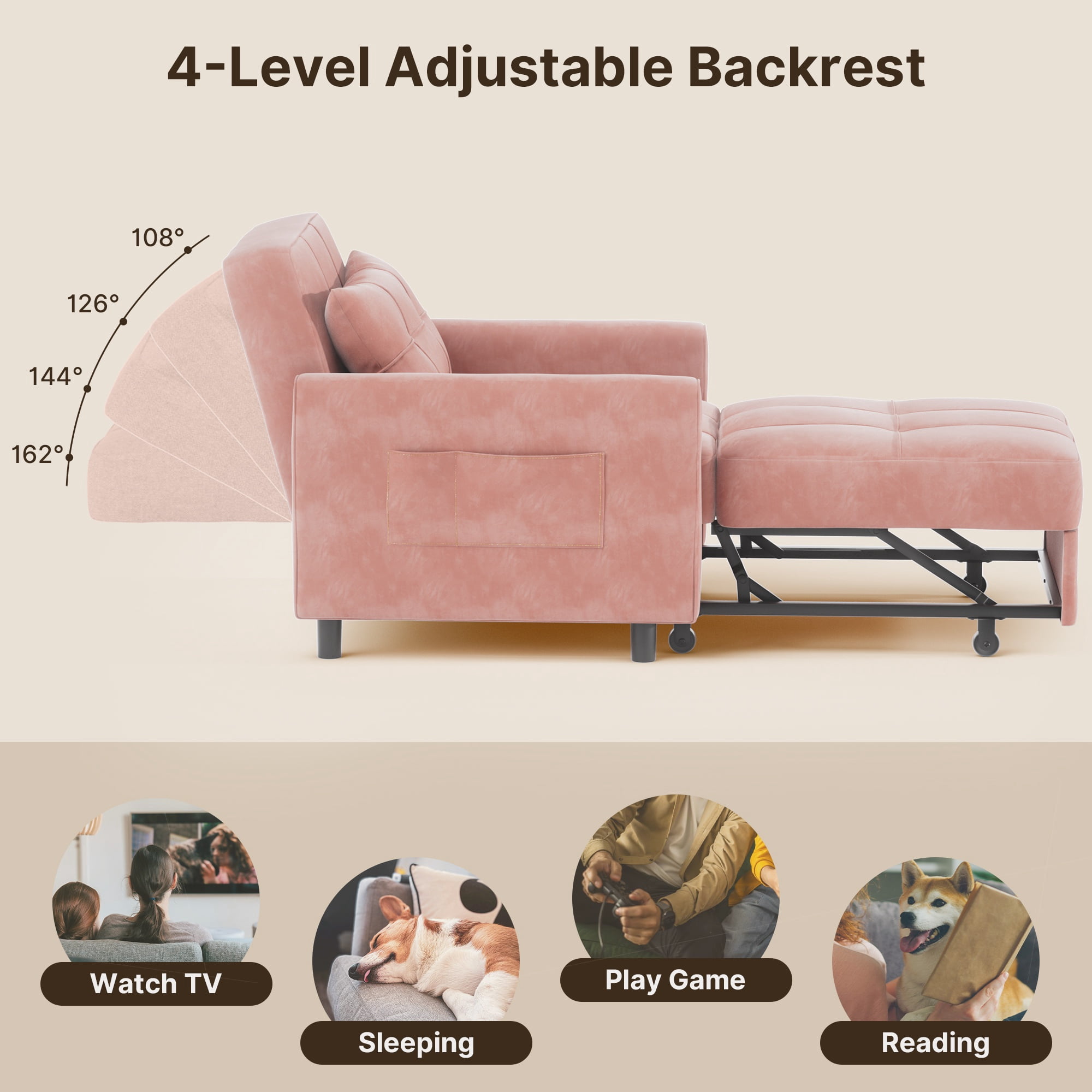 Asofer 3-in-1 Convertible Sofa Chair Bed with Adjustable Backrest, for Living Room, Office,Small Space,Velvet Pink