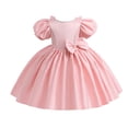 thumbnail image 2 of Short Flower Girl Dress, Girls Solid Color Puff Sleeve Princess Dress with Bow Accents, Junior Bridesmaid Party Dress for Wedding Birthday Occasions Age 4-9 Light Pink 150, 2 of 9