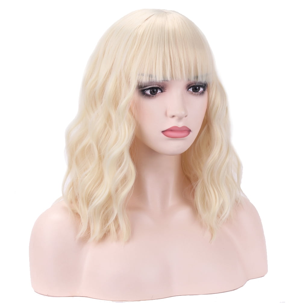 BERON Light Blonde Short Curly Bob Wig With Bangs for Women Girls Heat Resistant Hight Density Synthetic Wig for Cosplay Girls Party or Daily Use Wig Cap Included
