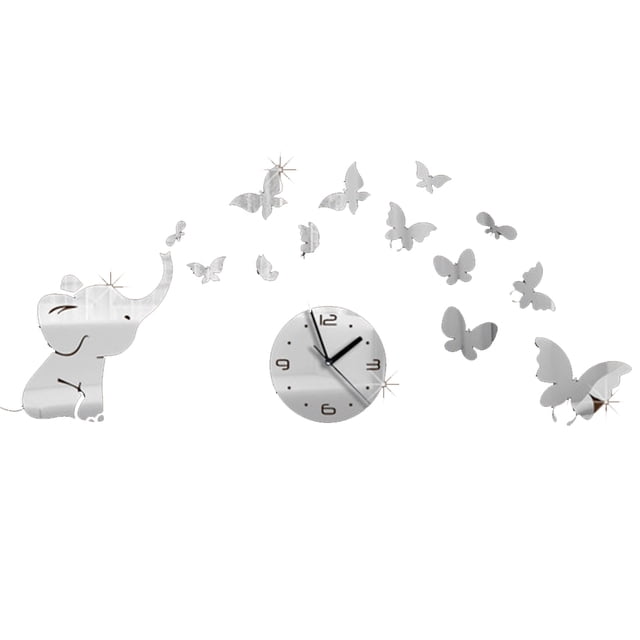 Elefantes jugar mariposa pegatina DIY espejo pared reloj calcomanías acrílico decoración del hogar papel pintado con espejo Sweethay JJ11048-01