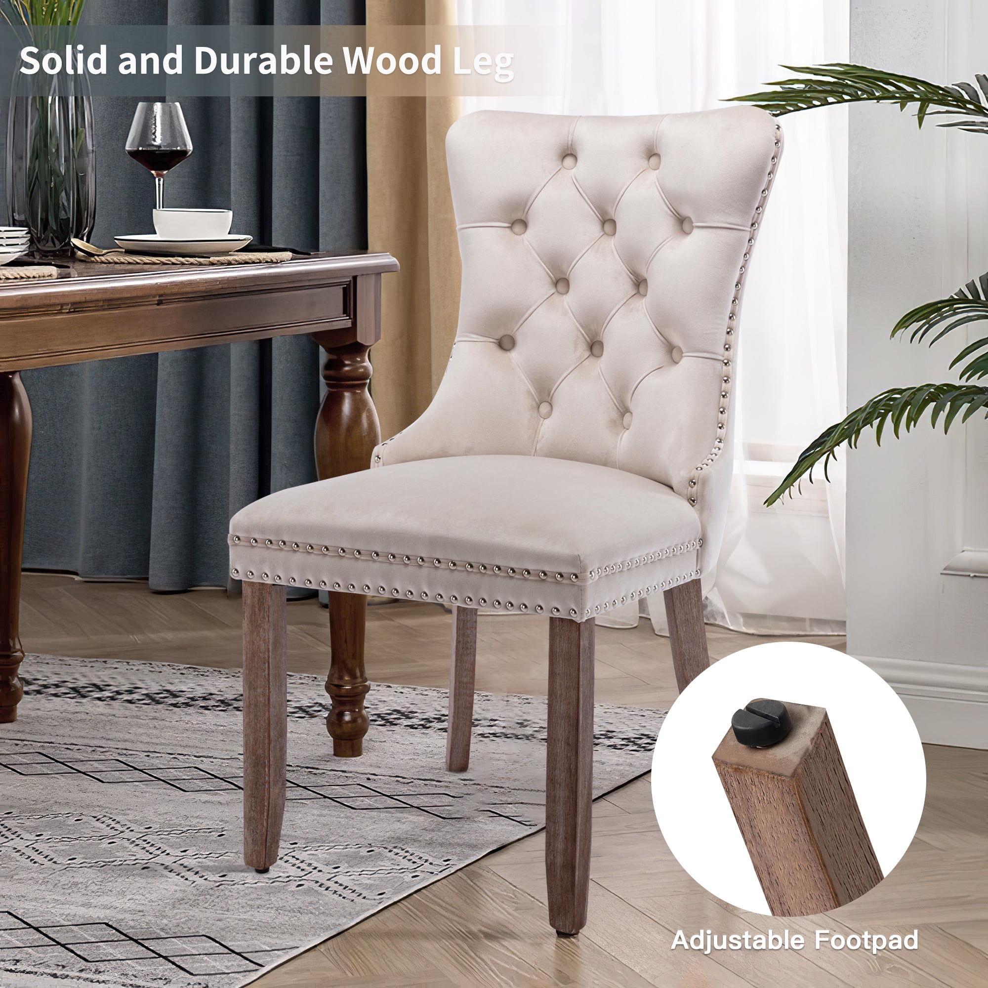 Resenkos Upholstered Tufted Dining Chairs Set of 2 with Nail Head Decor, Beige Velvet Fabric Resenkos Upholstered Tufted Dining Chairs Set of 2 with Nail Head Decor, Beige Velvet Fabric