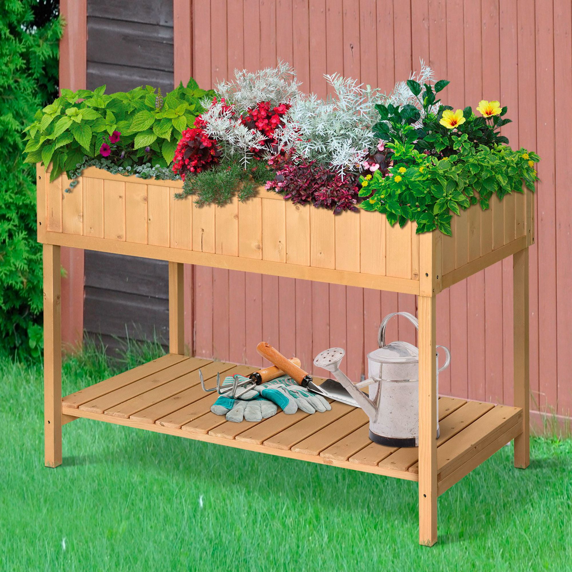 Raised Garden Bed with 8 Pockets and Shelf, Wooden Elevated Planter Box with Legs to Grow Herbs, Vegetables, and Flowers, Natural 43x18x30"