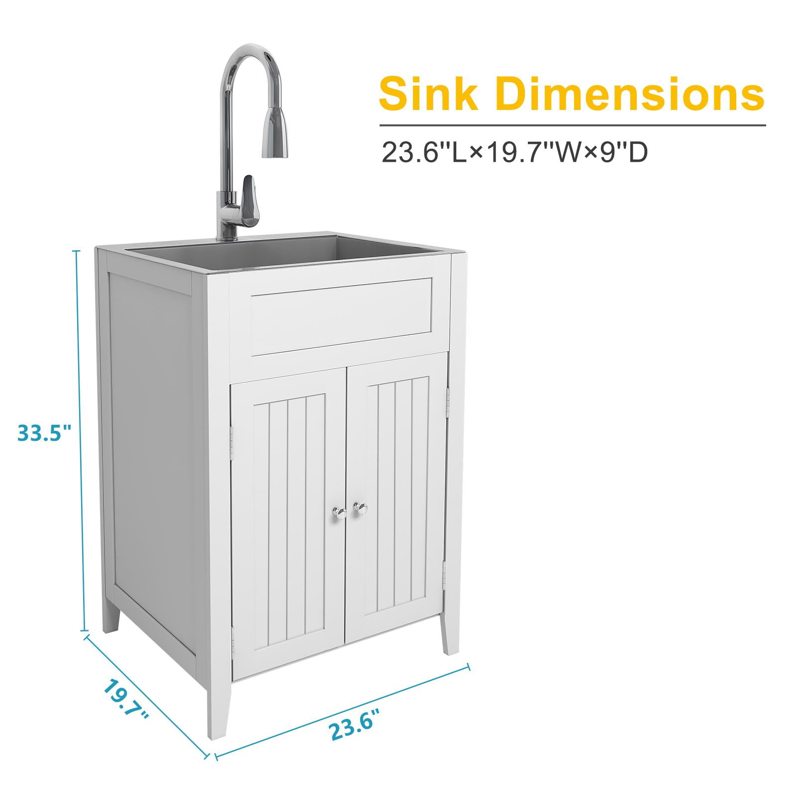 Ktaxon Stainless Steel Utility Sink Laundry Sink with Cabinet and Pull-Out Sprayer Faucet, White Cabinet with Sink for Utility Room, Kitchen, Bathroom