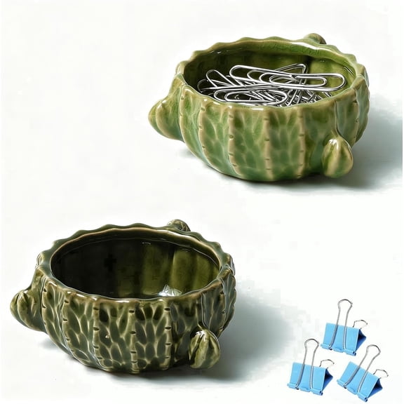 Ceramic Paper Clip Holder, 2 Pcs Green Cactus-Shaped Binder Clip Box Cute Office Decor Supplies for Desk Organizer (Cactus Green)