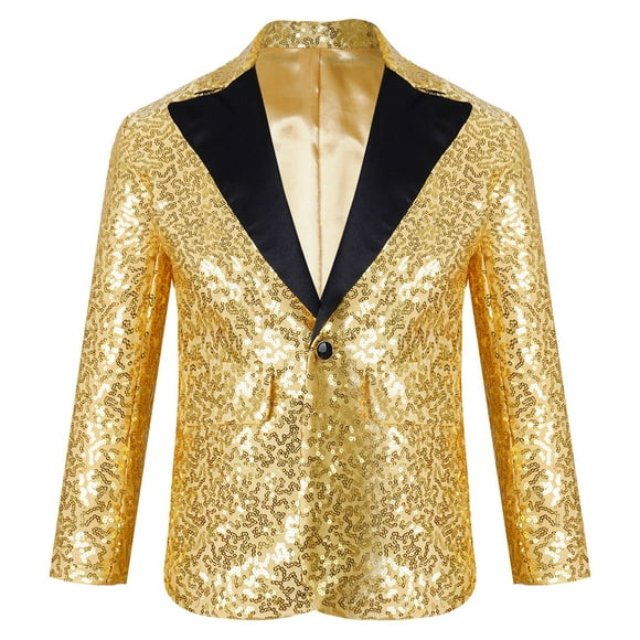 Jowowha Kids Boys Shiny Sequins Lapel Jacket Coat Banquet Dance Wedding Party Glitter Tuxedo Blazer Gold 12