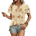 thumbnail image 5 of JTZGDY Ruffled Double Layer Short Sleeve V Neck Ruched Pleated Tunic Blouse for Women Loose Fit Boho Floral Print Dressy Casual Graphic Basic Tees Shirt Tops Yellow XXL, 5 of 8