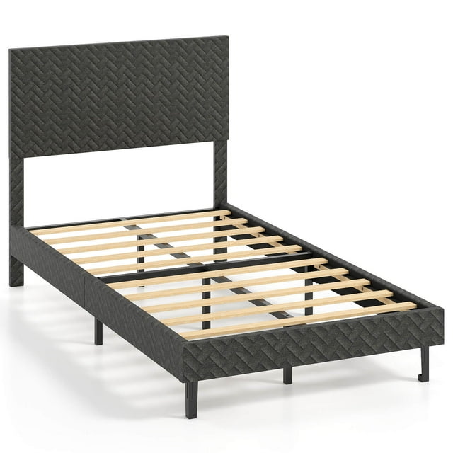 Costway Cadre de Lit Format Simple avec Tête de Lit à Chevrons à Hauteur Réglable, Aucun Sommier Requis Gris