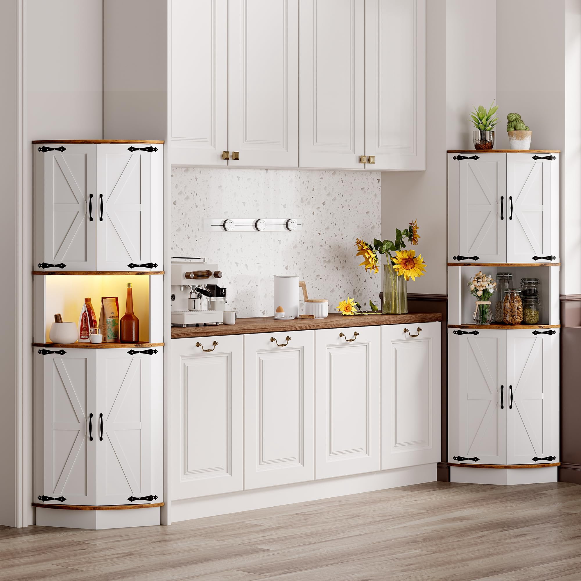64.6" Tall Farmhouse Corner Storage Cabinet with Barn Doors, Freestanding Triangle Display Cabinet with Adjustable Shelves for Home, Brown