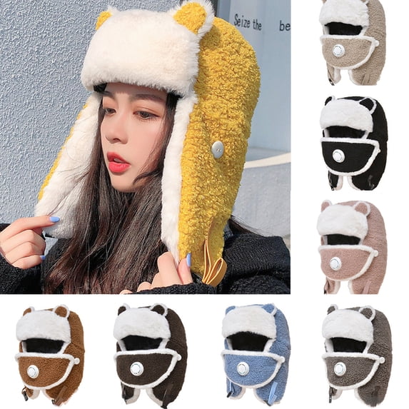 Cheers.US Winter Hat Scarf Set Warm Faux Lambswool Earflap Windproof Face Cover Hat with Breathing Valve
