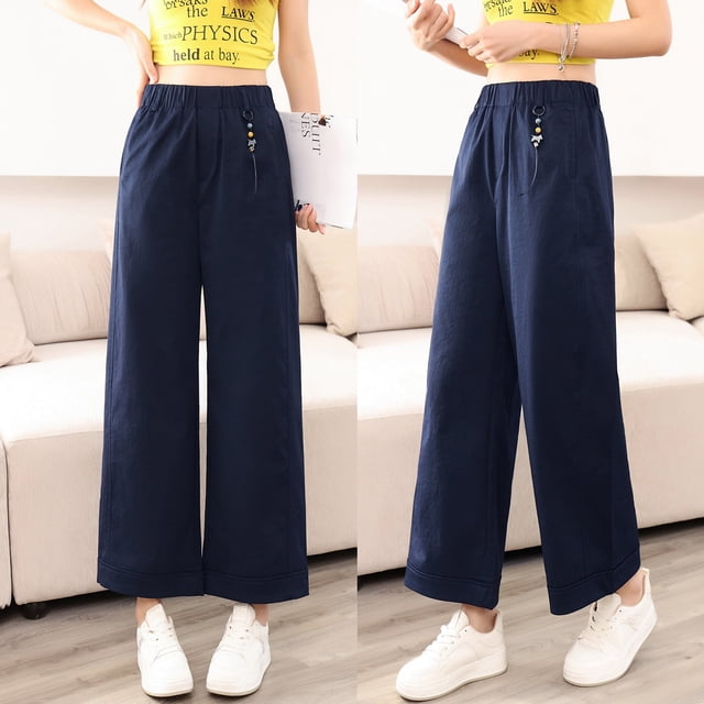 Pantalones Azul Marino de Pierna Ancha Pantalones Recortados para Mujer Pantalones de Verano Sueltos de Pierna Recta Nuevos Pantalones Casuales de Cintura Elástica