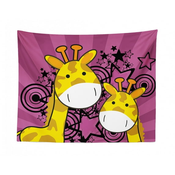 Giraffe Tapestry, Giraffe Family Baby Animal Pattern on Polka Dotted Background, Fabric Wall Hanging Decor for Bedroom Living Room Dorm, 2 Sizes, Marigold Redwood, by Ambesonne