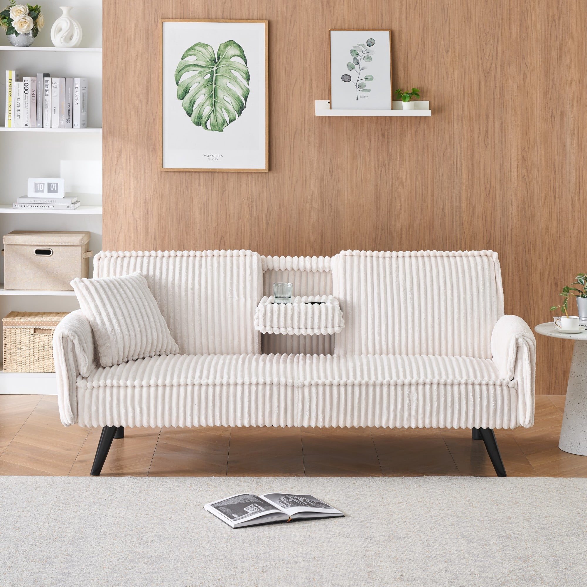 Gewnee 3-Seat Convertible Sleeper Sofa, 72" Corduroy Sofa Bed with Retractable Cup Holders, 3-Position Adjustable Backrest for Living Room Bedroom， White