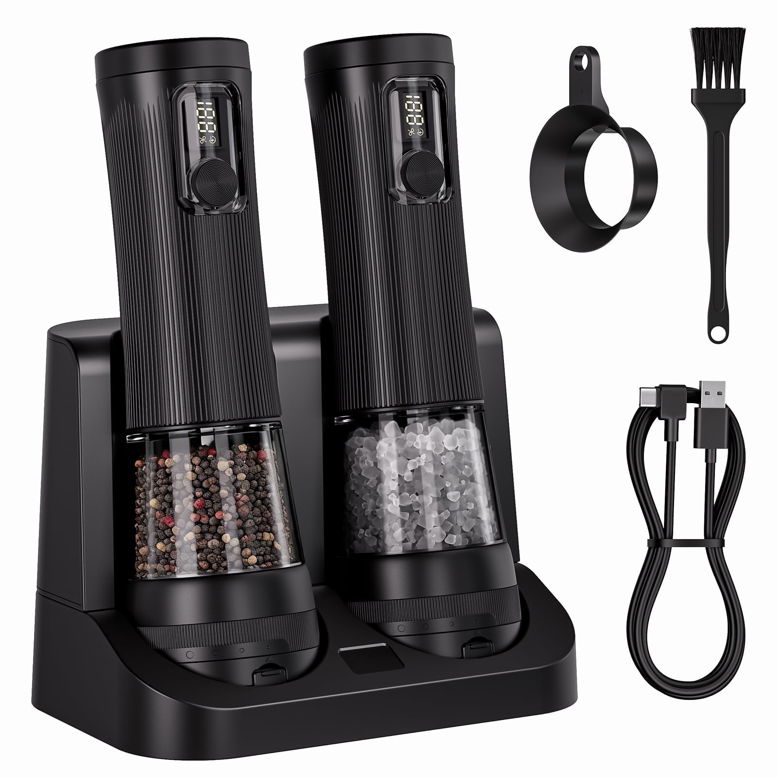 BSgifts Electric Salt and Pepper Grinder Set – Rechargeable Mills with 2-Speed, 5 External Coarseness Settings, LED Display, USB-C Charging Base for Kitchen, Dining & Camping
