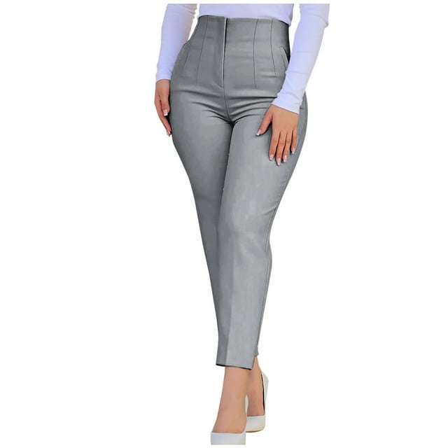 Pantalones casuales Umfun para mujer, pantalones de tubo de cintura alta con bolsillos para el trabajo, pantalones ajustados lisos, pantalones cómodos, gris L