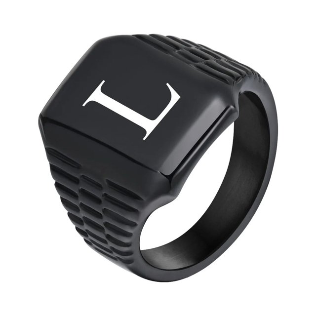 Anillo de dedo de acero inoxidable negro impermeable con letra personalizada A M S A Z, sello de inicial elegante para hombre